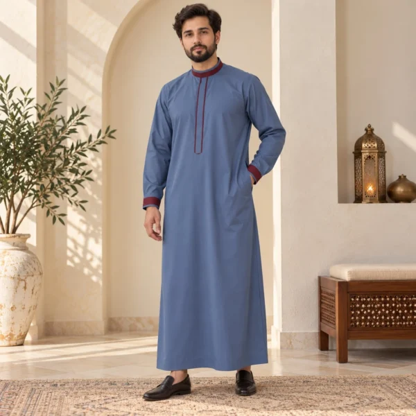 Blue Omani Thobe with Maroon Contrast Detailing USA