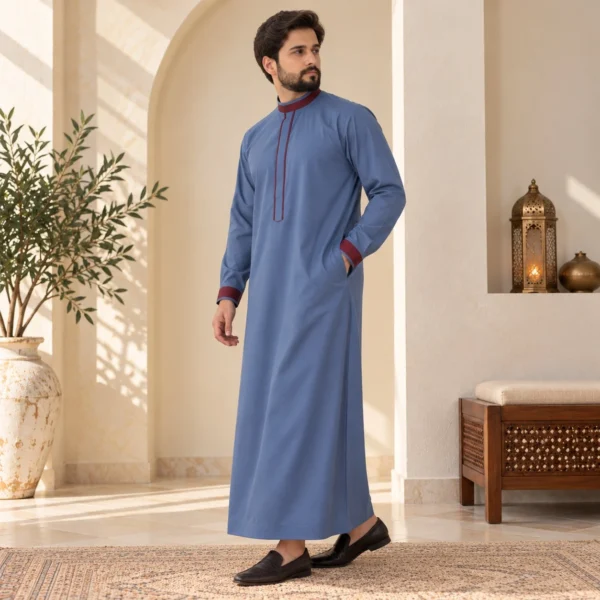 Blue Omani Thobe with Maroon Contrast Detailing USA