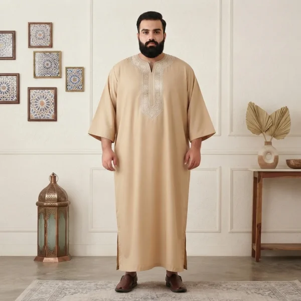 Embroidered Beige Men’s Moroccan 6XL Thobe USA