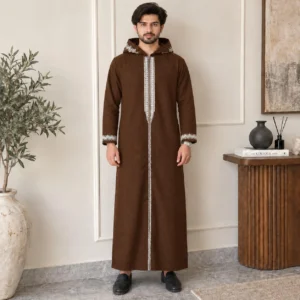 Embroidered Chocolate Brown Hooded Wool Thobe USA