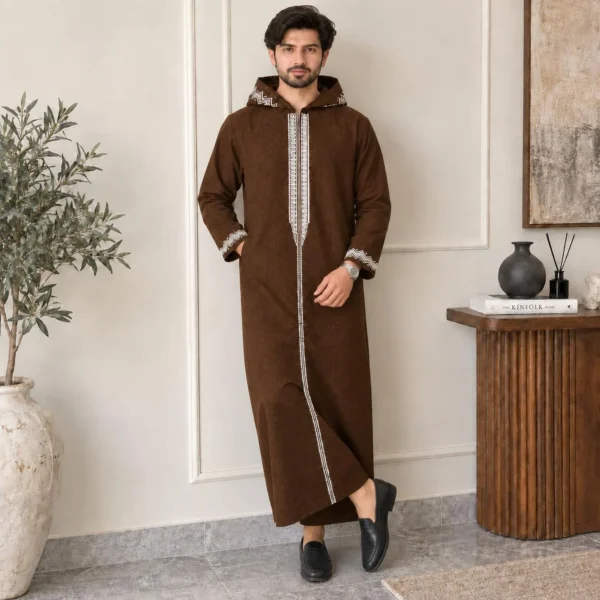 Embroidered Chocolate Brown Hooded Wool Thobes USA