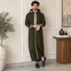 Embroidered Dark Olive Green Wool Hooded Thobe USA