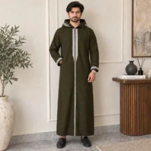 Embroidered Dark Olive Green Wool Hooded Thobes USA