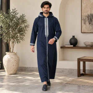 Embroidered Denim Blue Woolen Hooded Djellabas USA