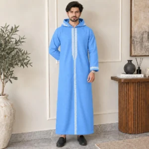 Embroidered Men’s Sky Blue Wool Hooded Thobe USA