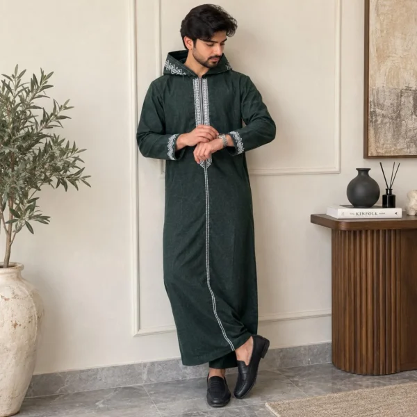 Forest Green Men’s Winter Wool Hooded Moroccan Djellaba
