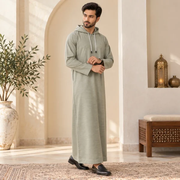 Gray Hooded Men’s Omani Zipper Thobe
