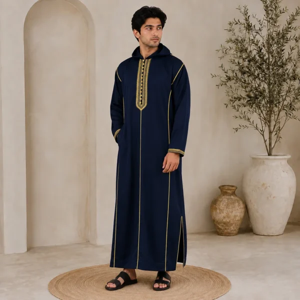 Navy Blue Stylish Moroccan Djellaba with Hood