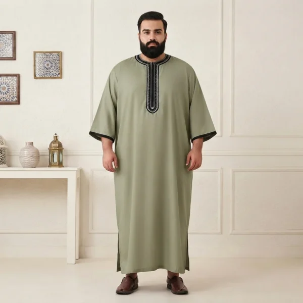 Olive Green Embroidered Moroccan 6XL Men’s Thobe USA Olive Green Embroidered Moroccan 6XL Men’s Thobe USA
