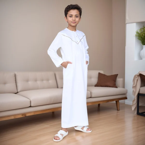Omani White Embroidered Kids Boys Jubba Thobes USA