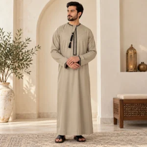 Warm Gray Emirati Thobe with Black Tassels USA